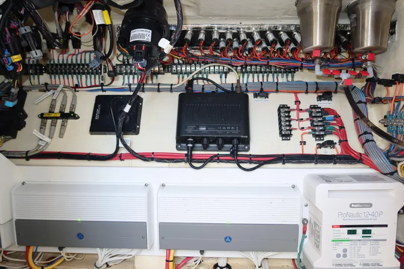  Yacht Photos Pics Electrical system of a 2020 SeaVee 370z boat, showcasing wiring and components.