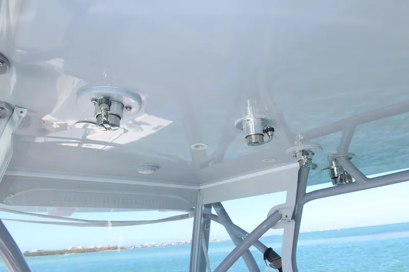  Yacht Photos Pics 2020 SeaVee 370z boat ceiling with mounted fixtures, overlooking calm blue waters.
