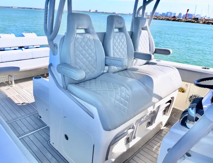  Yacht Photos Pics Luxury seating on 2020 SeaVee 370z boat with ocean view in background.