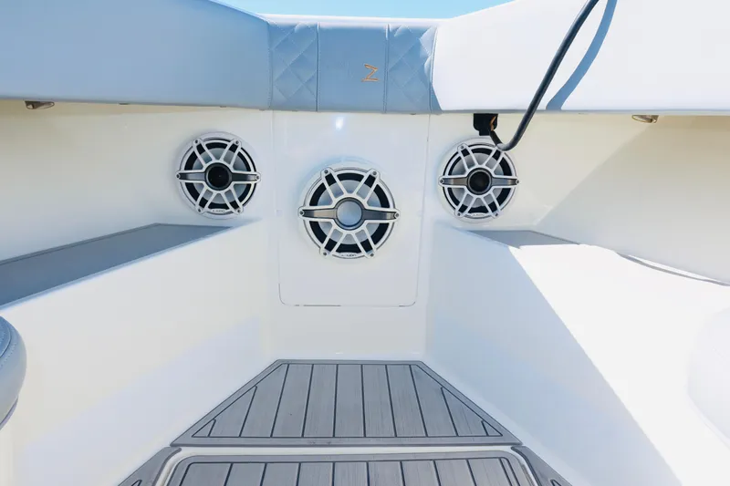  Yacht Photos Pics 2020 SeaVee 370z boat interior with speakers and cushioned seating.