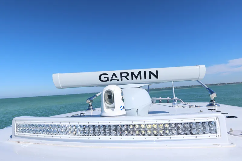  Yacht Photos Pics 2020 SeaVee 370z boat with Garmin radar and LED light bar on open water.