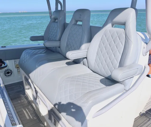  Yacht Photos Pics Luxury seating on a 2020 SeaVee 370z boat with quilted upholstery.