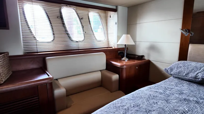 Itaca Yacht Photos Pics Luxurious cabin interior of 2008 Sunseeker Manhattan 60 yacht with elegant furnishings.