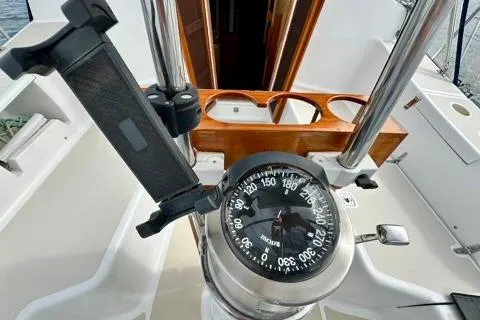 Blue Aweigh Yacht Photos Pics Compass and phone holder on 2021 Tartan 345 yacht deck.