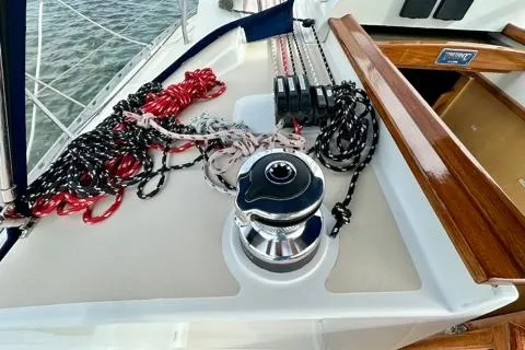 Blue Aweigh Yacht Photos Pics Deck of 2021 Tartan 345 sailboat with winch and ropes.