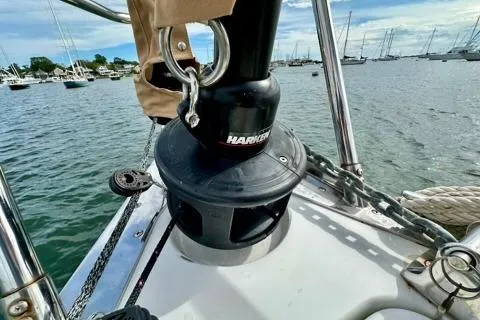 Blue Aweigh Yacht Photos Pics Tartan 345 sailboat deck with winch, anchored in a marina, 2021 model.