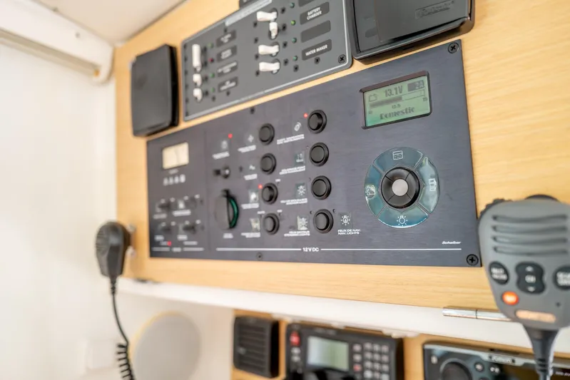 Dream Seeker Yacht Photos Pics Control panel of a 2011 Lagoon 380 S2 yacht with communication equipment.