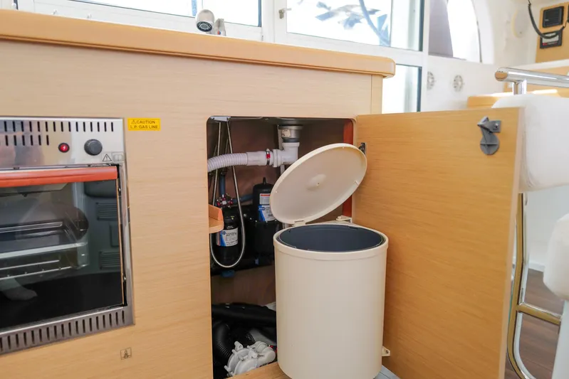Dream Seeker Yacht Photos Pics Interior of 2011 Lagoon 380 S2 yacht showing kitchen storage and appliances.