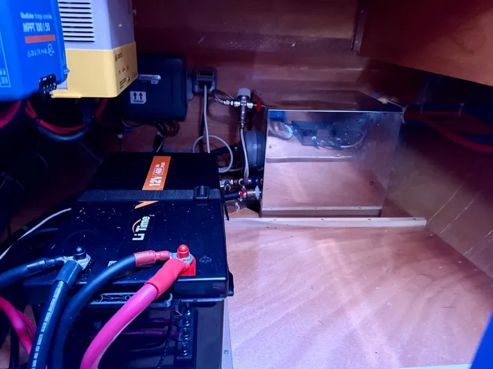 Dream Seeker Yacht Photos Pics Electrical system setup in a 2011 Lagoon 380 S2 catamaran, featuring battery and wiring.