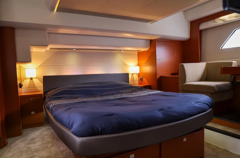  Yacht Photos Pics Luxurious bedroom interior of 2015 Prestige 550 S yacht with modern design.