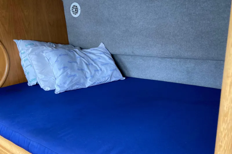 Stimulus Package Yacht Photos Pics Cozy cabin bed in 2009 Seawind 36 1000XL catamaran with blue bedding.