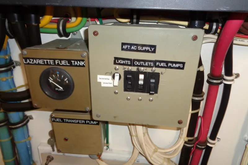 Ivory Lady Yacht Photos Pics Electrical panel and fuel gauge on 1987 Hatteras 70 Cockpit Motor Yacht.