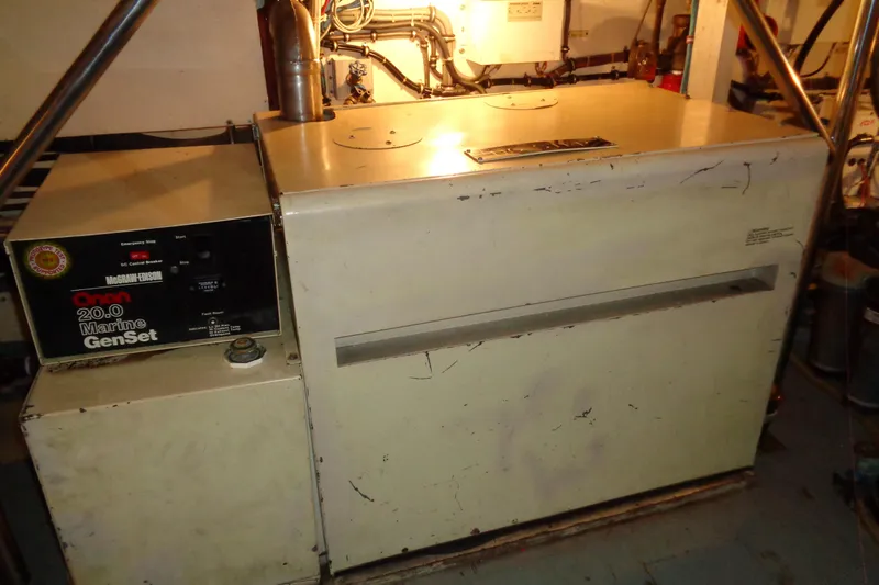 Ivory Lady Yacht Photos Pics Onan 20.0 Marine GenSet in 1987 Hatteras 70 Cockpit Motor Yacht engine room.