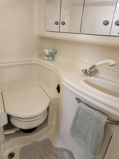  Yacht Photos Pics Compact bathroom in 2005 Sea Ray 340 Sundancer yacht with sink and toilet.