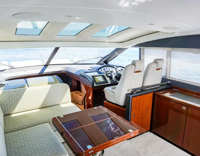 Bottoms Up Yacht Photos Pics Luxurious interior of 2015 Princess V52 yacht with modern helm and seating area.