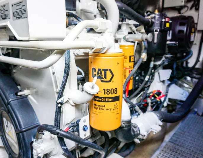 Bottoms Up Yacht Photos Pics Engine room of 2015 Princess V52 yacht with CAT oil filters.