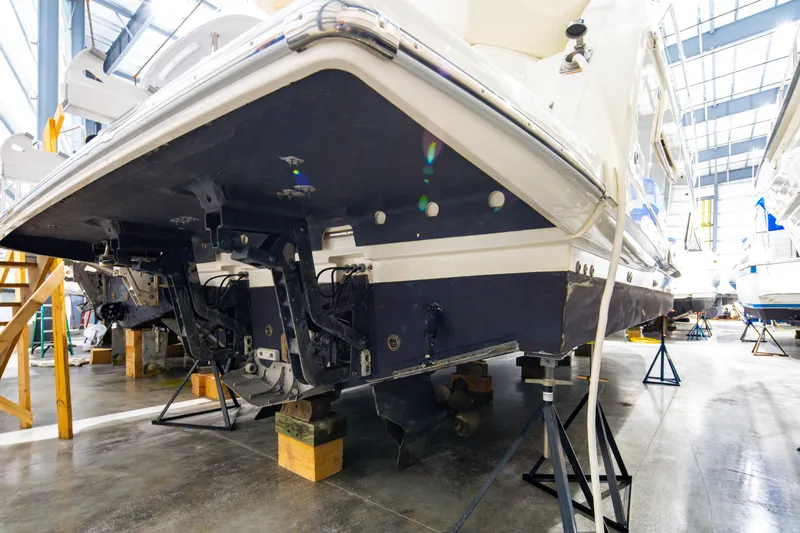 Margie Yacht Photos Pics 2018 Prestige 460 yacht in a maintenance facility on stands.