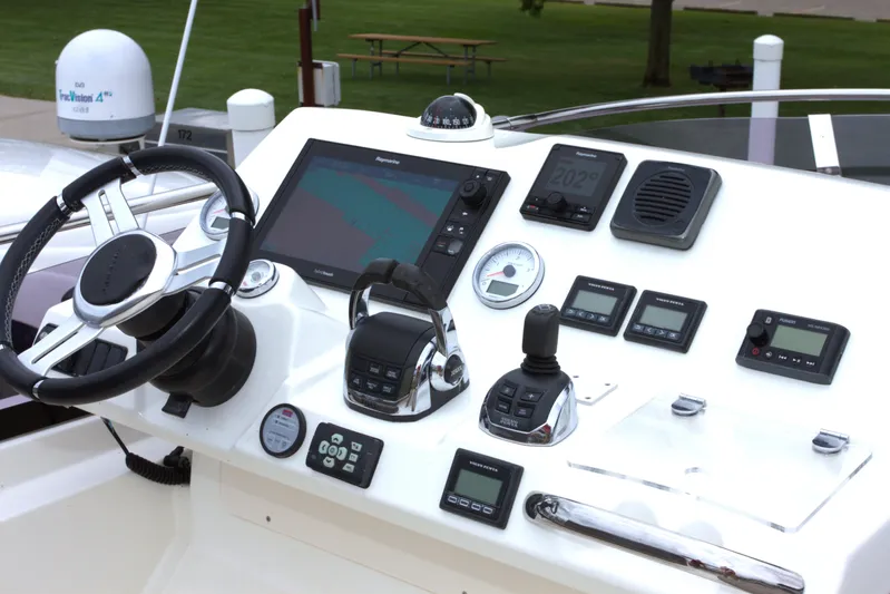 Margie Yacht Photos Pics Control panel of a 2018 Prestige 460 yacht with advanced navigation equipment.