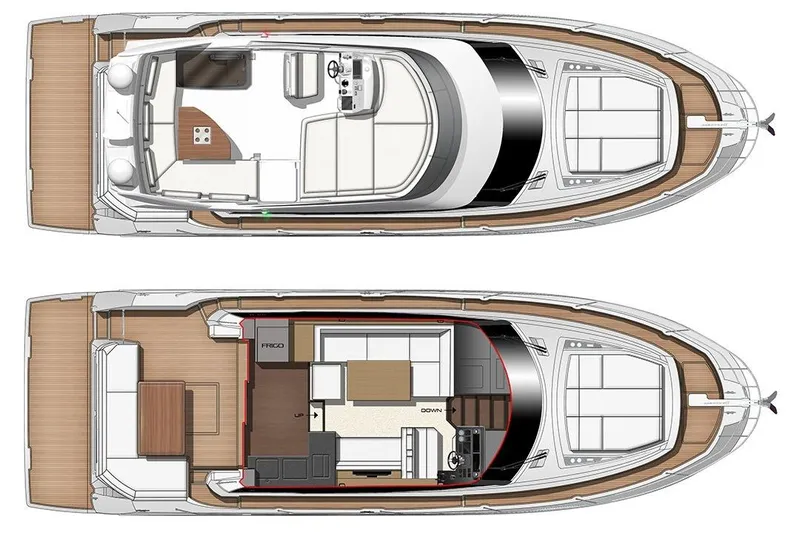 Margie Yacht Photos Pics Floor plan of a 2018 Prestige 460 yacht, showcasing upper and lower deck layouts.