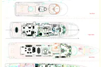 Blueprint of a 2008 Benetti Custom yacht, showcasing detailed deck layouts and design features.