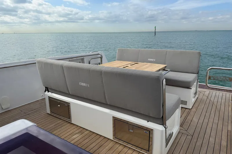  Yacht Photos Pics Luxurious 2013 Fjord 40' Open yacht deck with seating and ocean view.