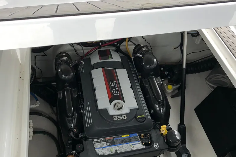  Yacht Photos Pics Engine compartment of a 2018 Monterey 295 Sport Yacht with a Mercury 6.2L 350 engine.