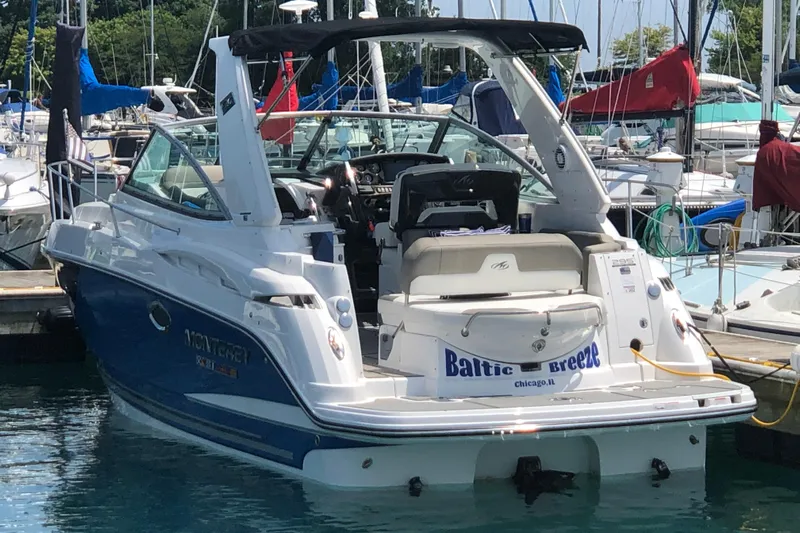  Yacht Photos Pics 2018 Monterey 295 Sport Yacht docked in a marina, rear view.