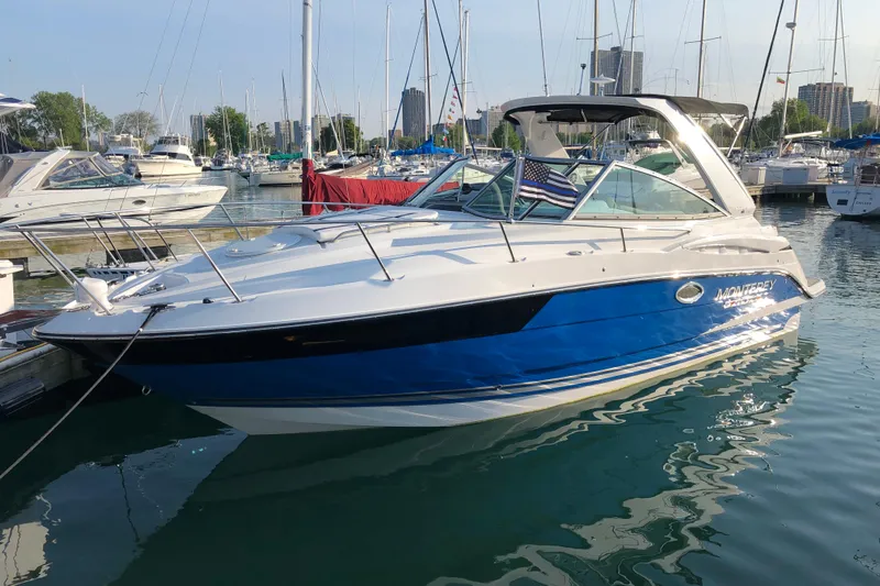  Yacht Photos Pics 2018 Monterey 295 Sport Yacht docked in a marina, surrounded by other boats.