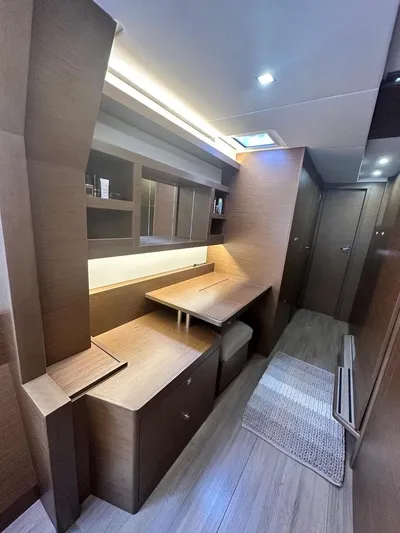 Hayat Yacht Photos Pics Interior of 2021 Nautitech 46 Fly yacht with modern wooden furnishings.