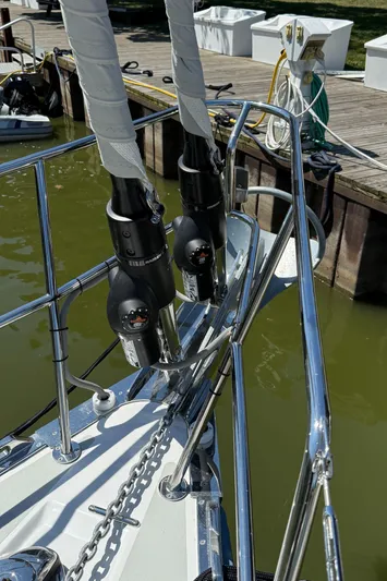North Sound Yacht Photos Pics Bow of 2024 Tartan 455 sailboat with rigging and anchor chain at dock.