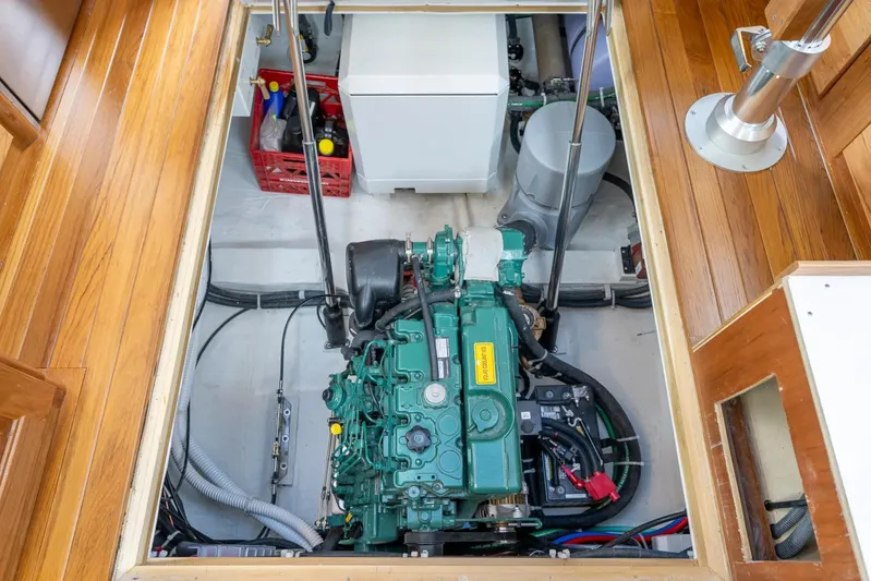 North Sound Yacht Photos Pics Engine room of 2024 Tartan 455 yacht with visible machinery and equipment.