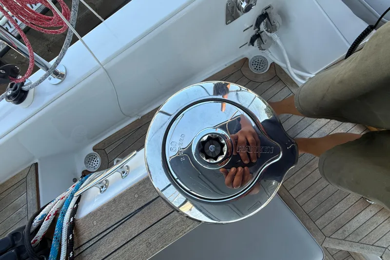 North Sound Yacht Photos Pics 2024 Tartan 455 sailboat deck with Harken winch and colorful ropes.