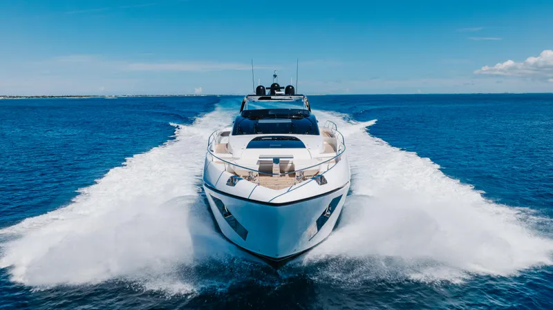 Kiyomizu Yacht Photos Pics Luxury 2020 Riva 90 Argo yacht cruising on open blue sea.