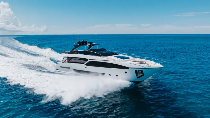 Kiyomizu Yacht Photos Pics Luxury Riva 90 Argo yacht cruising on open sea, 2020 model.