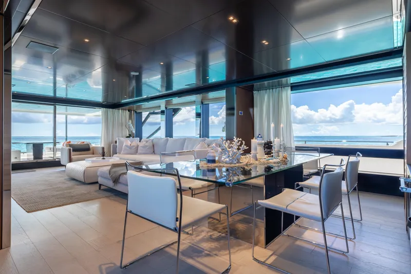 Kiyomizu Yacht Photos Pics Luxurious interior of 2020 Riva 90 Argo yacht with ocean view and modern decor.