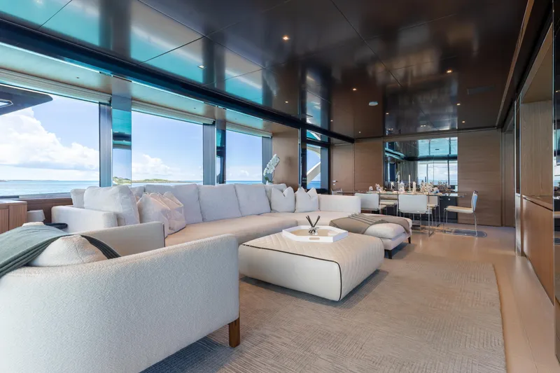 Kiyomizu Yacht Photos Pics Luxurious interior of 2020 Riva 90 Argo yacht with elegant seating and ocean views.