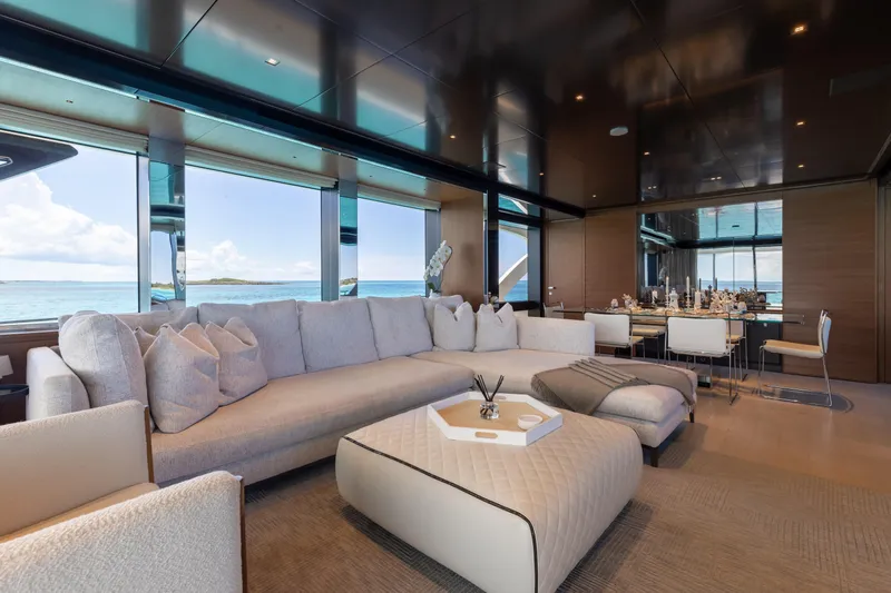 Kiyomizu Yacht Photos Pics Luxurious interior of 2020 Riva 90 Argo yacht with elegant seating and ocean view.