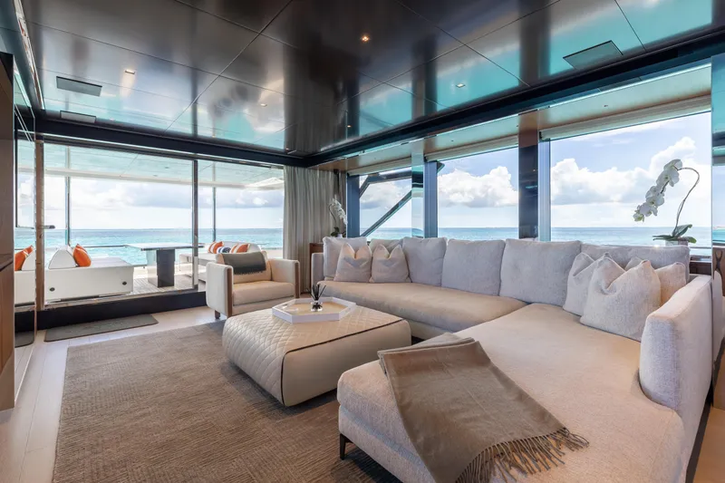 Kiyomizu Yacht Photos Pics Luxurious interior of 2020 Riva 90 Argo yacht with ocean view and elegant furnishings.