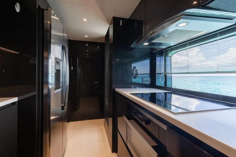 Kiyomizu Yacht Photos Pics Modern kitchen interior on 2020 Riva 90 Argo yacht with ocean view.