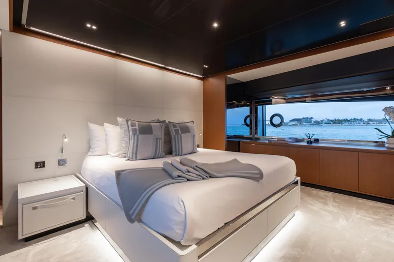 Kiyomizu Yacht Photos Pics Luxurious bedroom interior on 2020 Riva 90 Argo yacht with ocean view.