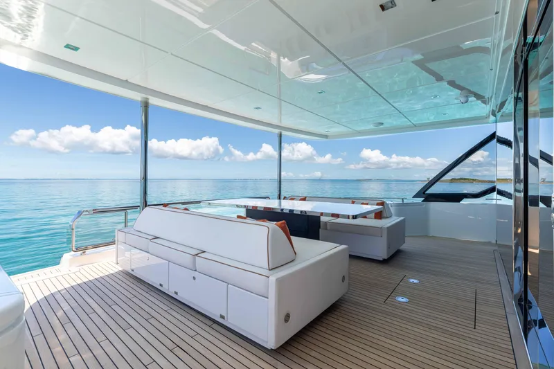 Kiyomizu Yacht Photos Pics Luxurious 2020 Riva 90 Argo yacht deck with elegant seating and ocean view.