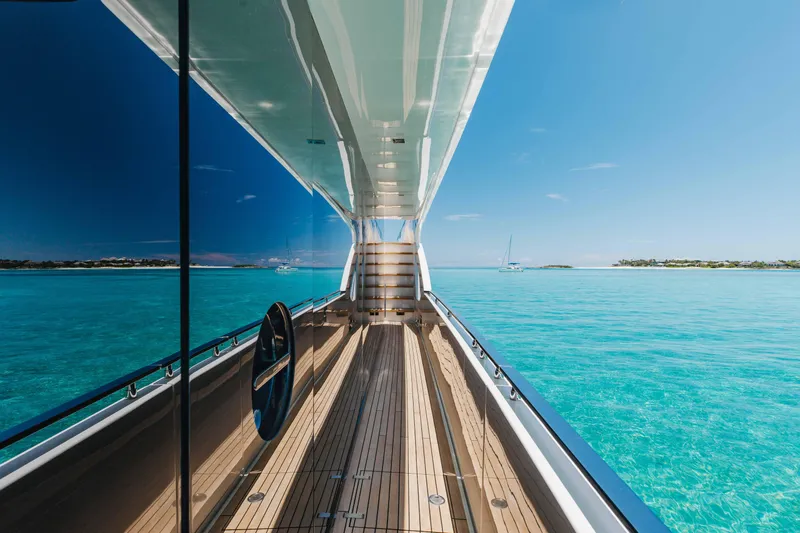 Kiyomizu Yacht Photos Pics Luxurious Riva 90 Argo yacht deck with stunning turquoise ocean view, 2020 model.