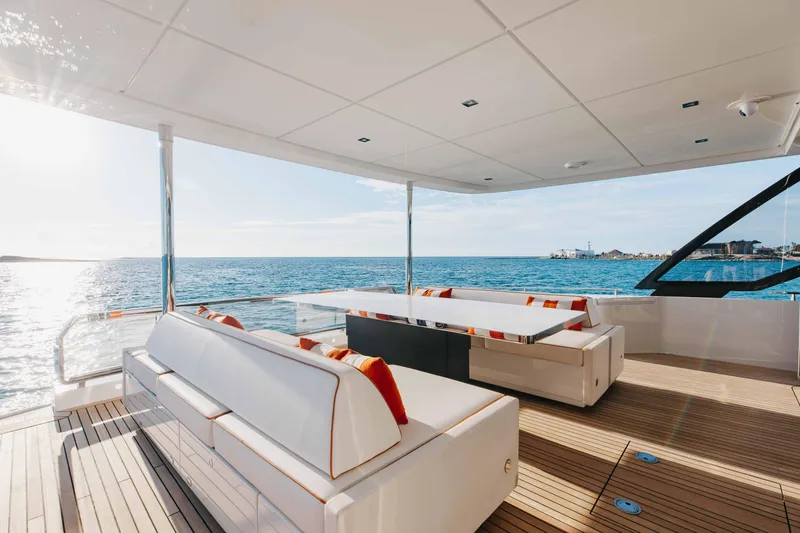 Kiyomizu Yacht Photos Pics Luxurious 2020 Riva 90 Argo yacht deck with elegant seating and ocean view.