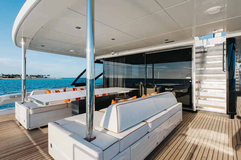 Kiyomizu Yacht Photos Pics Luxurious 2020 Riva 90 Argo yacht deck with modern seating and ocean view.