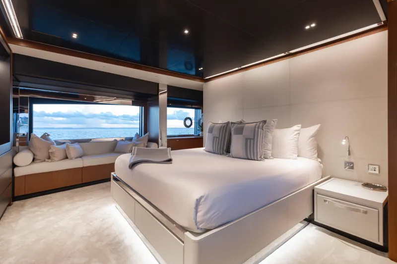 Kiyomizu Yacht Photos Pics Luxurious bedroom interior on 2020 Riva 90 Argo yacht with ocean view.