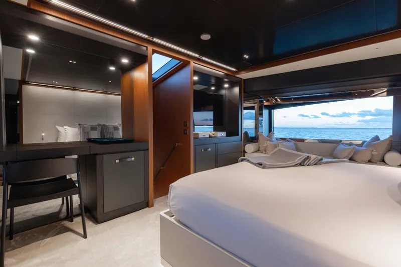 Kiyomizu Yacht Photos Pics Luxurious interior of 2020 Riva 90 Argo yacht with ocean view.