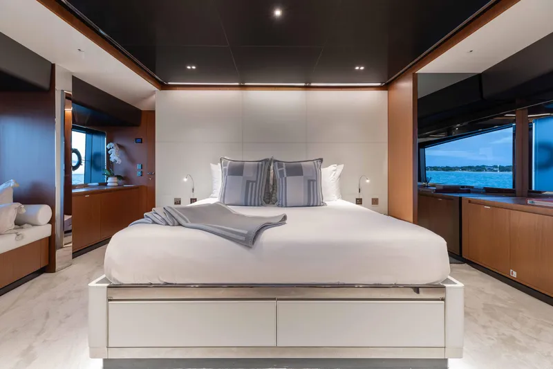 Kiyomizu Yacht Photos Pics Luxurious bedroom interior on 2020 Riva 90 Argo yacht with ocean view.