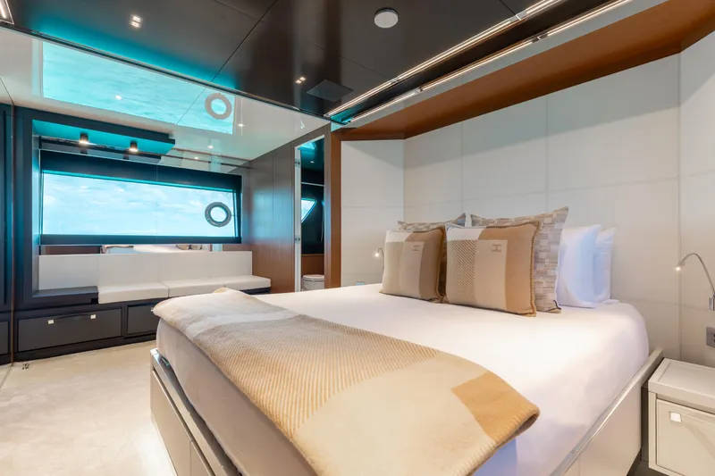 Kiyomizu Yacht Photos Pics Luxurious bedroom interior of 2020 Riva 90 Argo yacht with modern design and elegant decor.