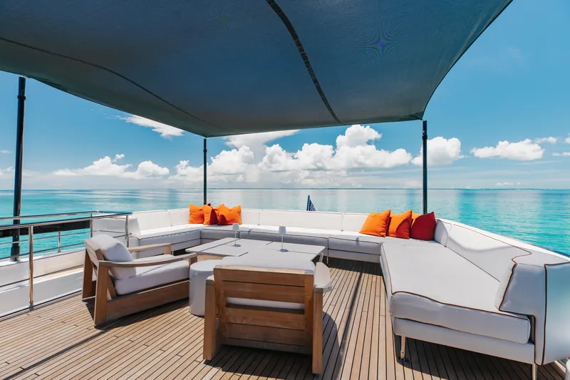 Kiyomizu Yacht Photos Pics Luxurious deck of 2020 Riva 90 Argo yacht with ocean view and seating.