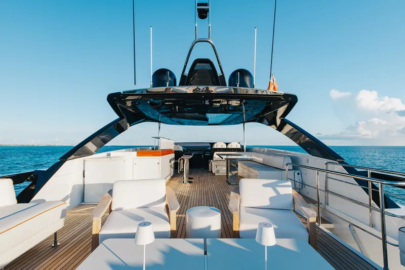 Kiyomizu Yacht Photos Pics Luxurious 2020 Riva 90 Argo yacht deck with modern seating and ocean view.